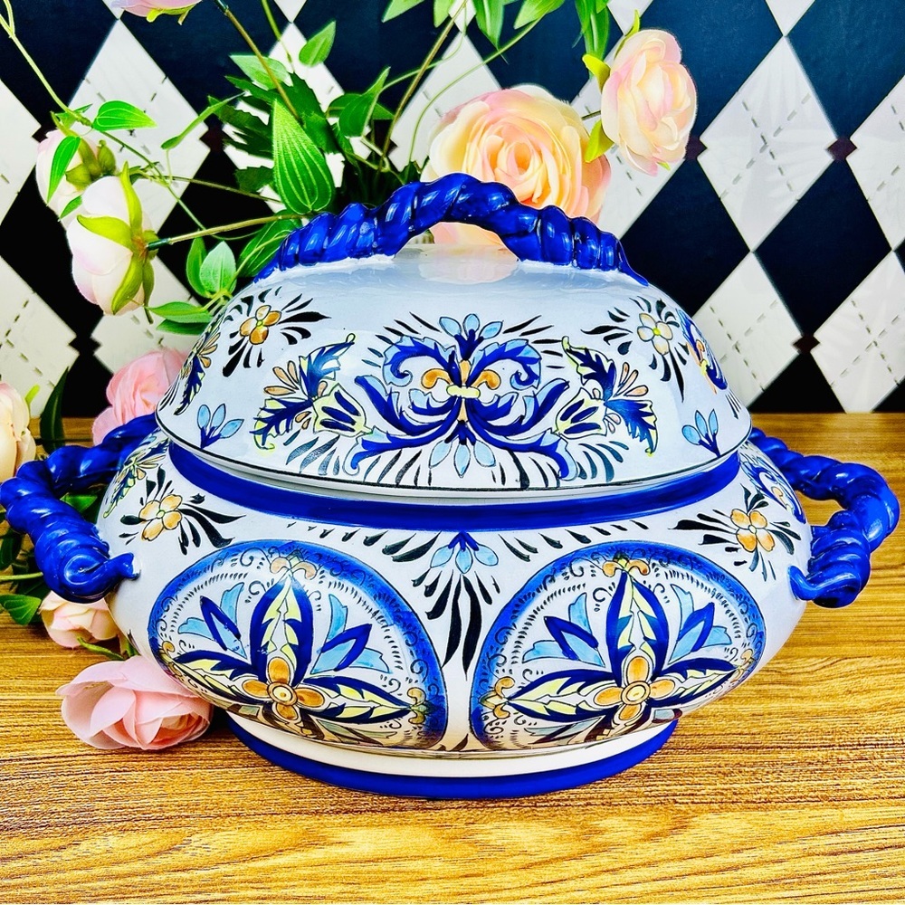 Italian Tureen Ceramic Large HandPainted Mediterranean Cobalt Blue Lidded Server - Picture 6 of 11